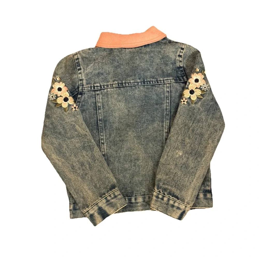 Toddler Girls Denim Jacket Size 5 Pink Floral Accents‎ Button Front Jean Coat